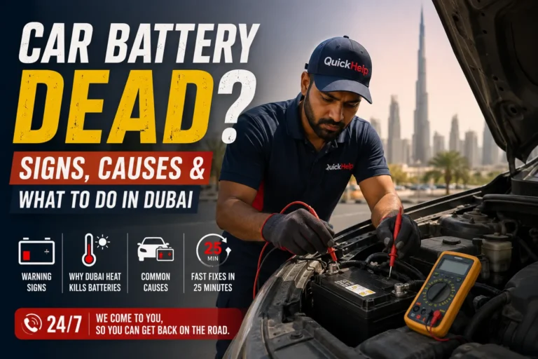 Mobile car battery replacement service technician testing a car battery on-site in Dubai, UAE