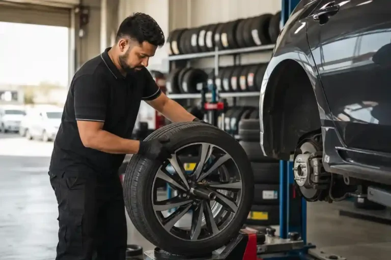 Technician replacing a car tyre in a Dubai workshop with a stocked tyre rack in the background