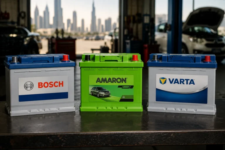 Bosch, Amaron, and Varta car batteries compared side by side for Dubai heat performance