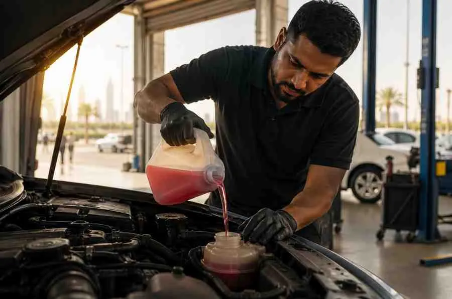 Technician performing a car coolant top up service in a Dubai auto workshop