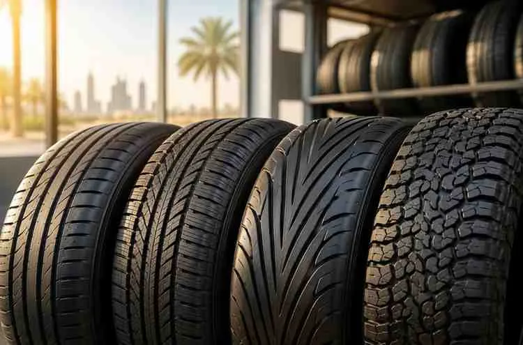 Close-up of Michelin, Bridgestone, Continental, and Goodyear car tyres displayed side by side in a Dubai tyre shop
