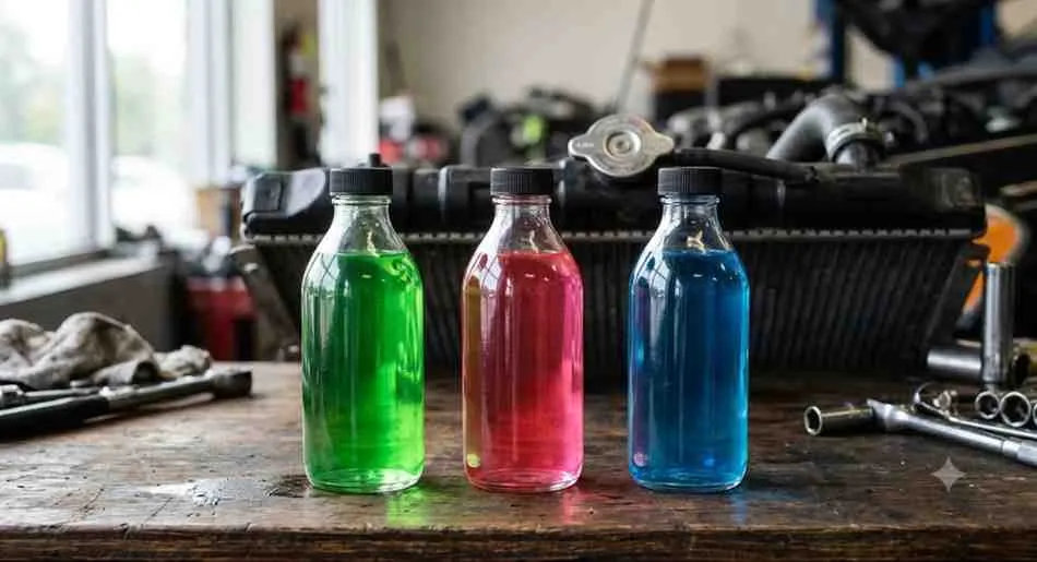 web Green, red, and blue car coolant bottles compared side by side in a Dubai workshop