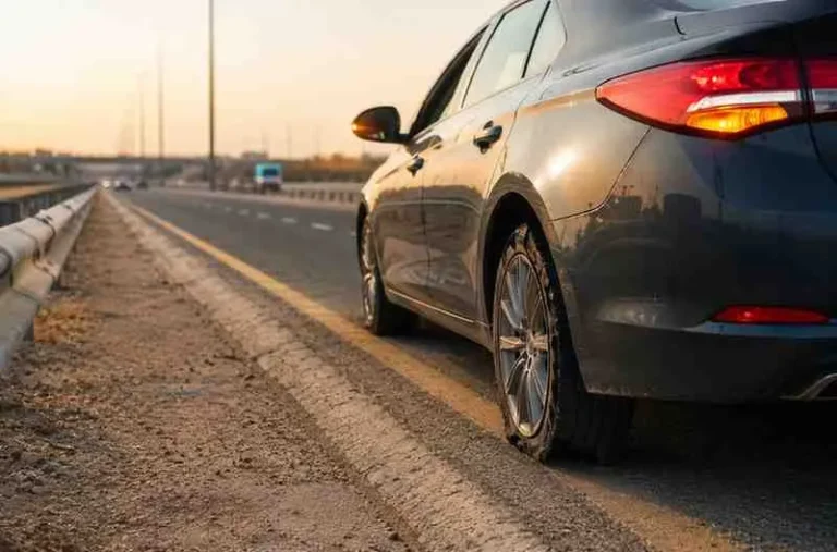Car pulled over on a Dubai highway shoulder with hazard lights on after a tyre blowout